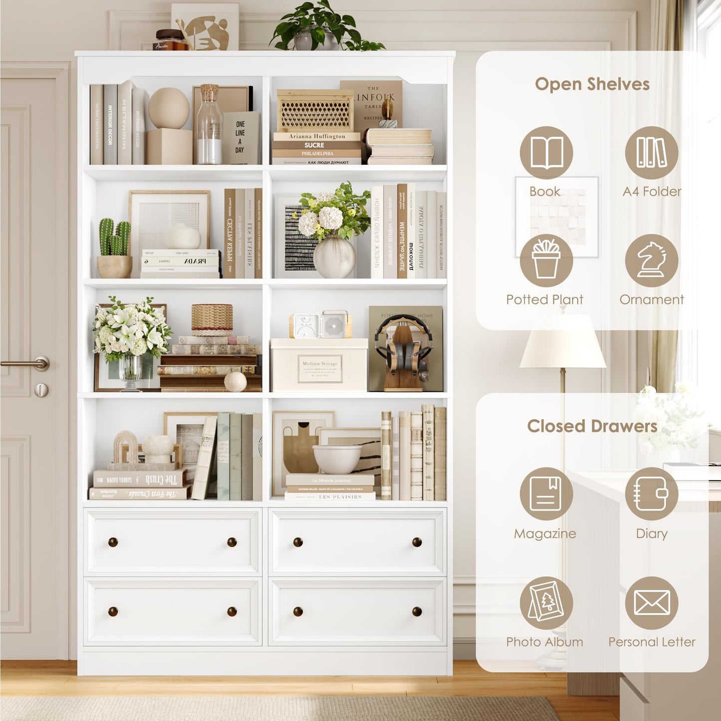FirFurd Bookcase 180cm Tall Bookshelf with Drawers Living Room Bookcase 8 Open Compartments Free Standing Display Shelf Tall Shelving Unit for Home Office 180x100x30cm White
