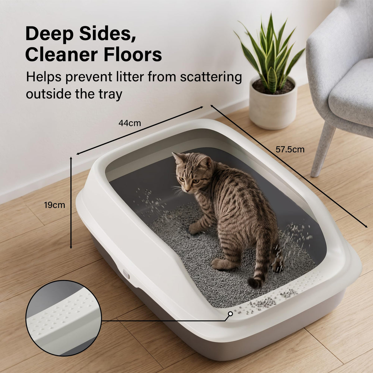 Cat Litter Tray Box, Litter Box, Plastic Cat Open Top Litter Tray with Free Scoop Kitten Detachable Rim Easy Cleaning,49 x 38 x 23cm (Grey)