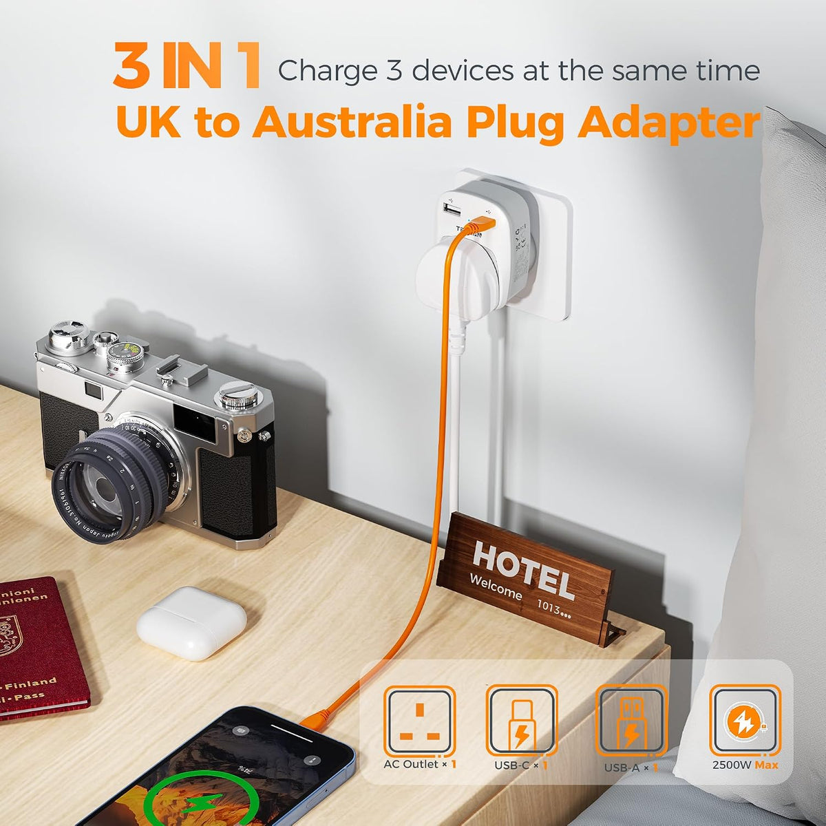 TESSAN UK to Australia Plug Adapter, Type I AU NZ Travel Adapter with USB C