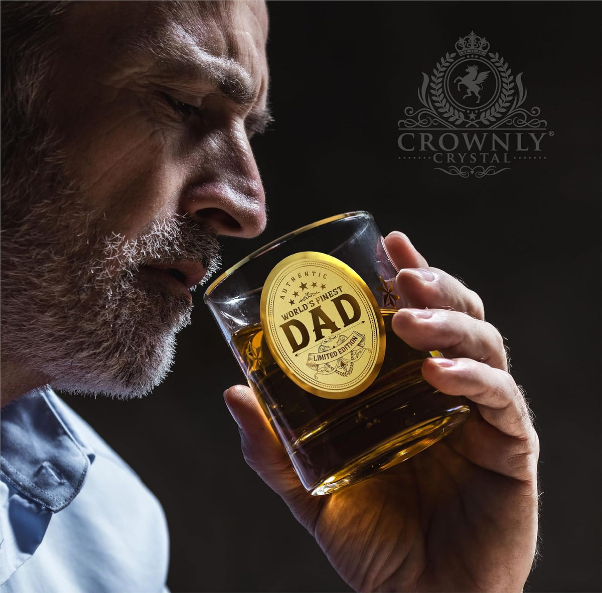 CROWNLY CRYSTAL® Personalised Whiskey Glass for Dad – Gold Birthday Gift from Daughter or Son – Best Dad Ever