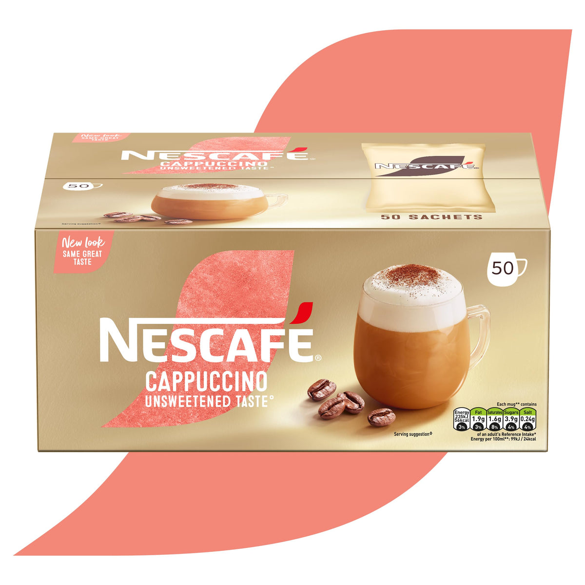 Nescafe Cappuccino Unsweetened Taste Instant Coffee 8 x 14.2g Sachets, 100% Responsibly Sourced Coffee (Pack of 5)