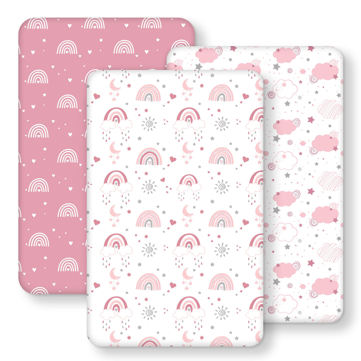 Cot Bed Sheets 140 x 70cm Fitted, 3 Pack Baby Cot Sheets, Ultra Soft & Silky Smooth Microfiber Toddler Bed Sheets Pink Rainbow