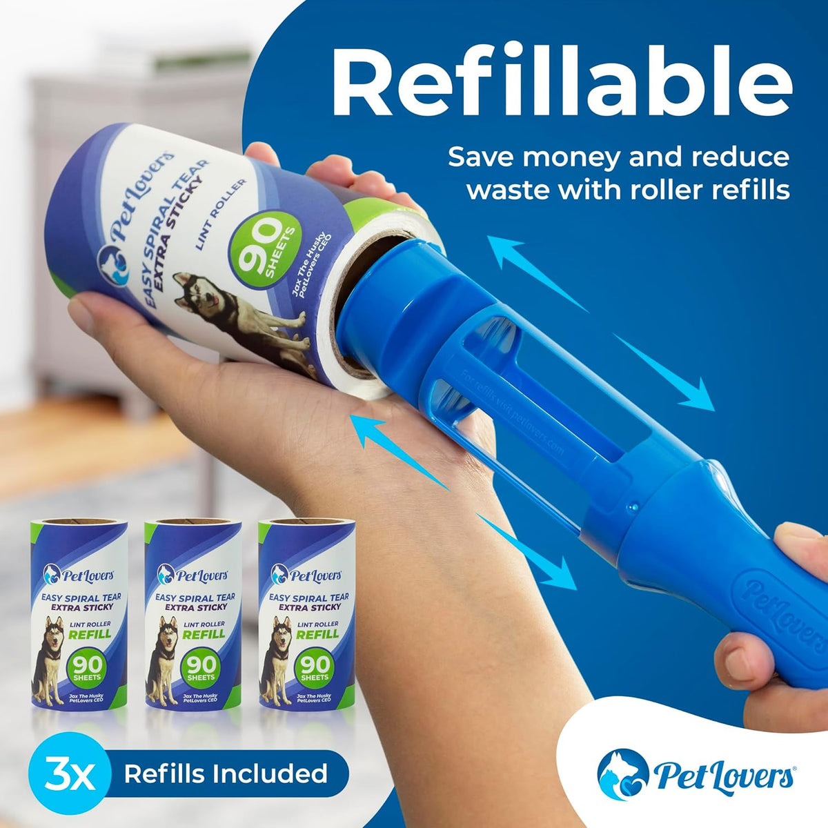 PetLovers Extra Sticky Lint Roller Mega Value Set 450 Sheets for Pet Hair Removal Dog and Cat Lint Remover 5 Pack