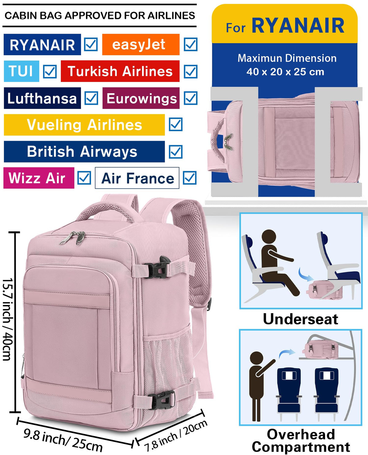 KLOSTAIN Cabin Bags 40x20x25 for Ryanair Underseat Travel Backpack Hand Luggage Carry-ons Bag Cabin Size 20L for Airplanes Flight Ruscksack Black