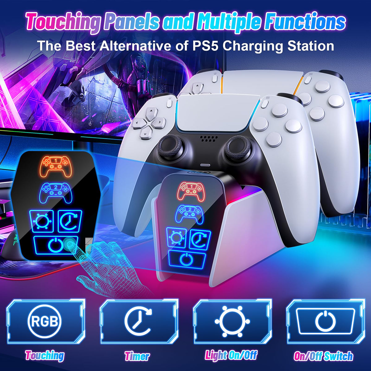 Fenolical PS5/Slim/Pro Stand with Adjustable Cooling Fan, Vertical PS5 Cooling Charger Stand for PS5/Slim/Pro, Multifunctional PS5 Slim Cooling Station with Dual Controller Chargers and RGB Light