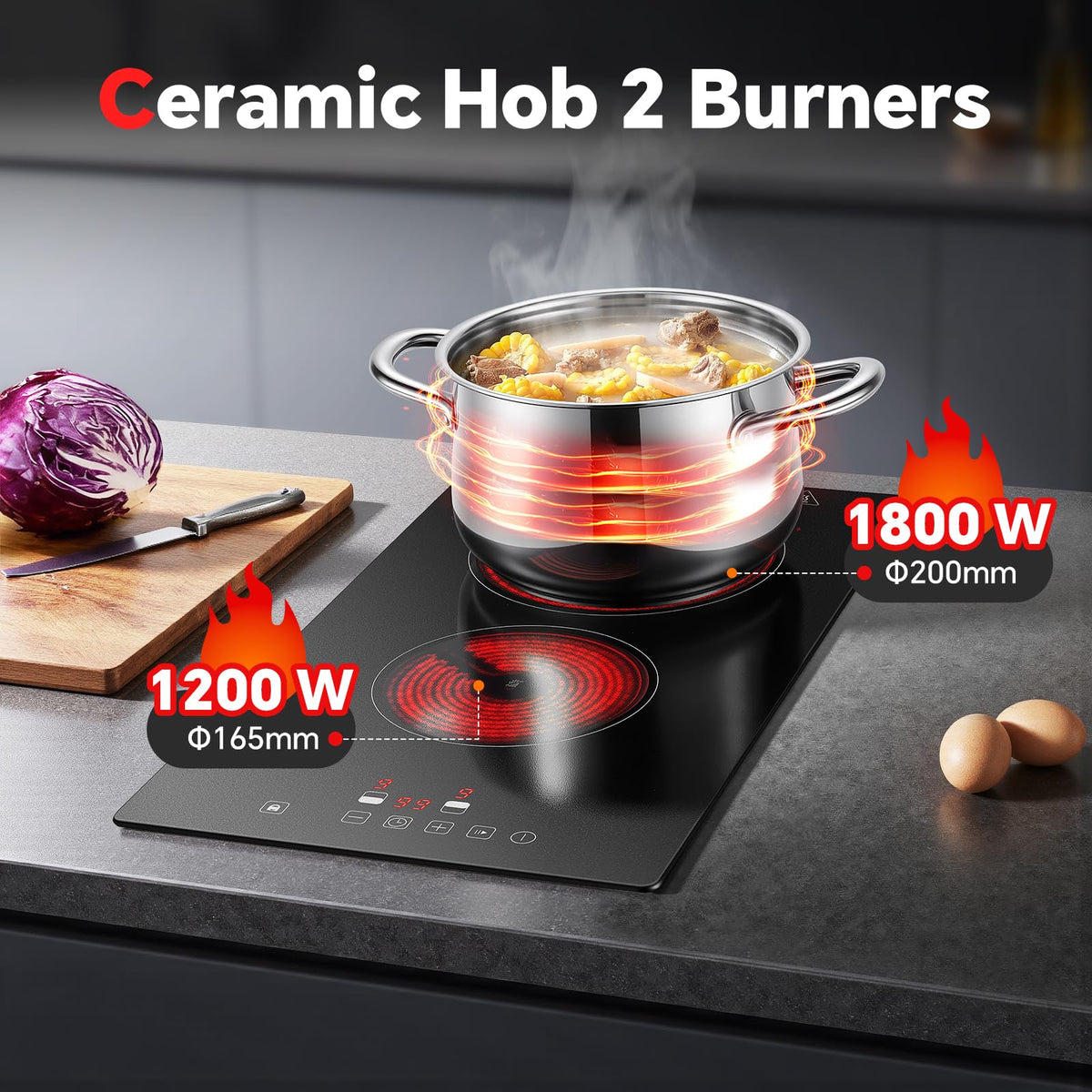 Single Induction Hob 2000W, Portable Induction Cooker with 10 Power & Temperature Levels, Touch Control, Child Lock, 3-Hour Timer, Residual Heat Indicator, Black Glass Panel Electric Hob