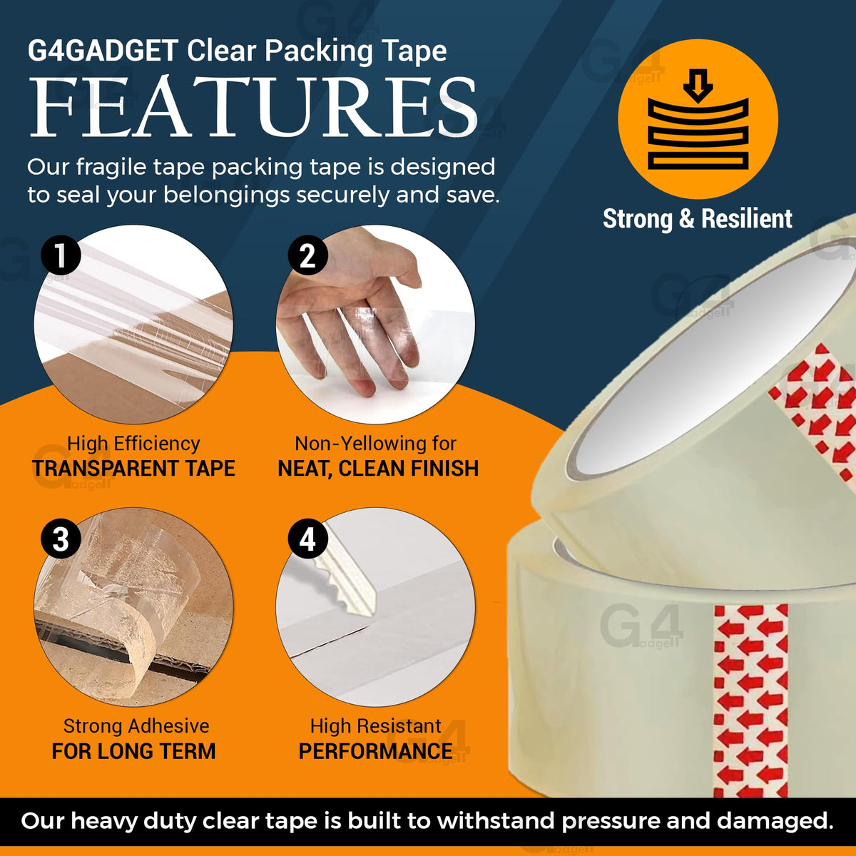 G4GADGET Pack of 3 Clear Packing Tape - Heavy Duty Transparent Tape 48mm x 66m - Ideal for Moving, Packing Boxes, and Secure Packaging