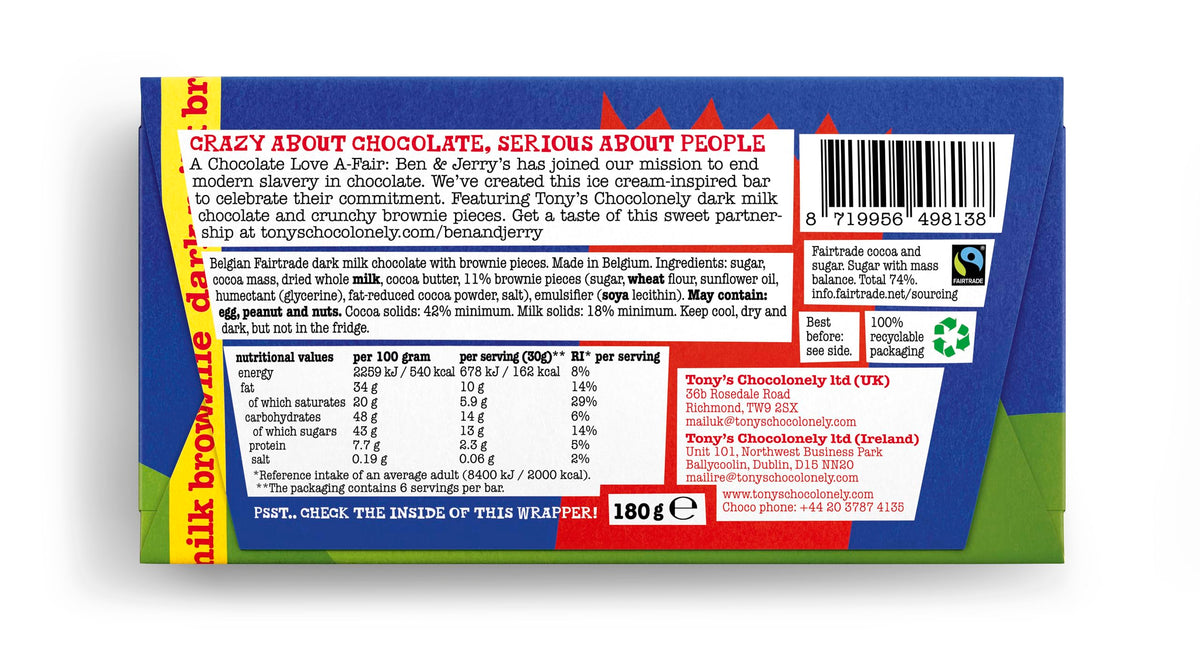 Tony's Chocolonely Milk Chocolate Bar - 180g Belgian Fairtrade Chocolate, Gift, 32% Cocoa, Vegetarian