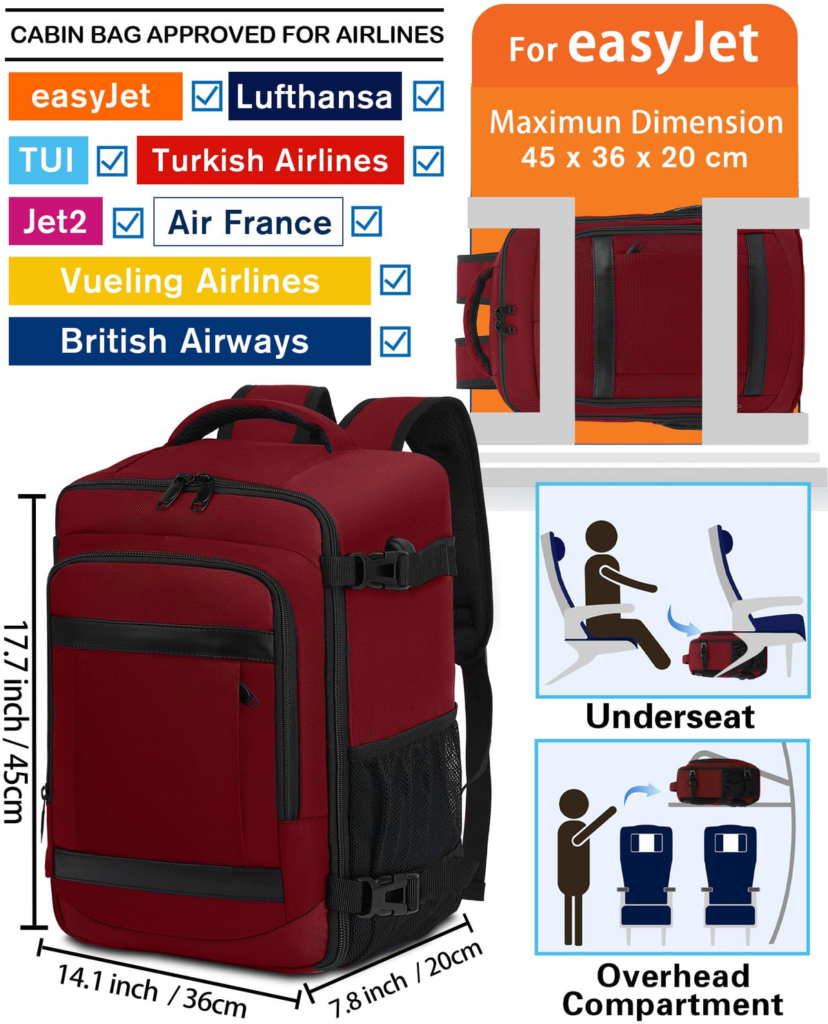 KLOSTAIN Cabin Bags 40x20x25 for Ryanair Underseat Travel Backpack Hand Luggage Carry-ons Bag Cabin Size 20L for Airplanes Flight Ruscksack Black