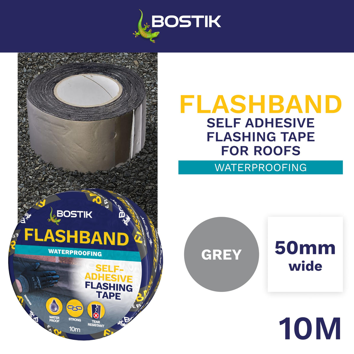 Bostik Flashband Self Adhesive Flashing Tape for Roofs Grey - 75mm x 10m