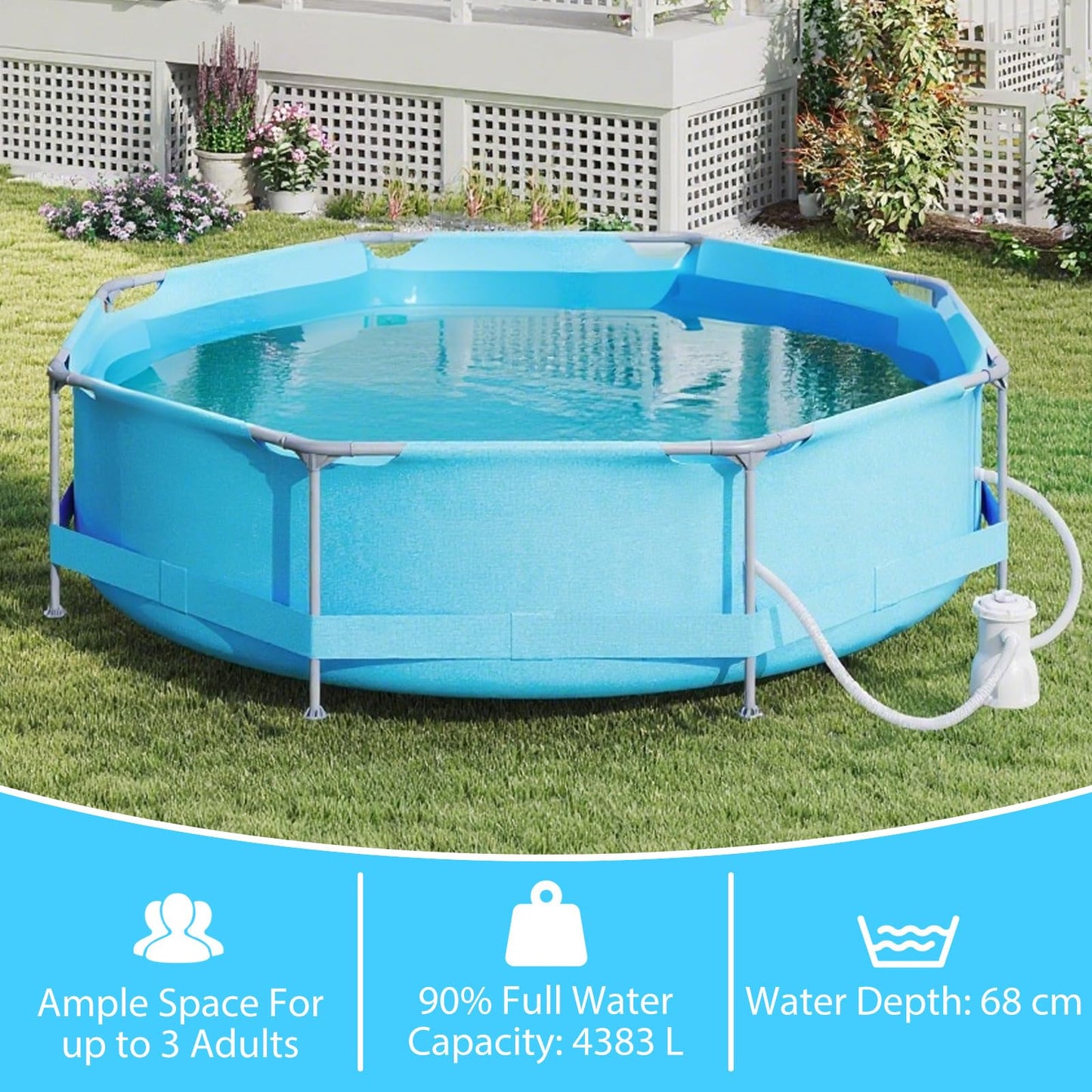 COSTWAY Above Ground Swimming Pool, Outdoor Round/Rectangular Large Framed Pool Set, Metal Frame Garden Family Pools for Kids and Adults (Gray, 300 x 207 x 66 cm, Rectangular)