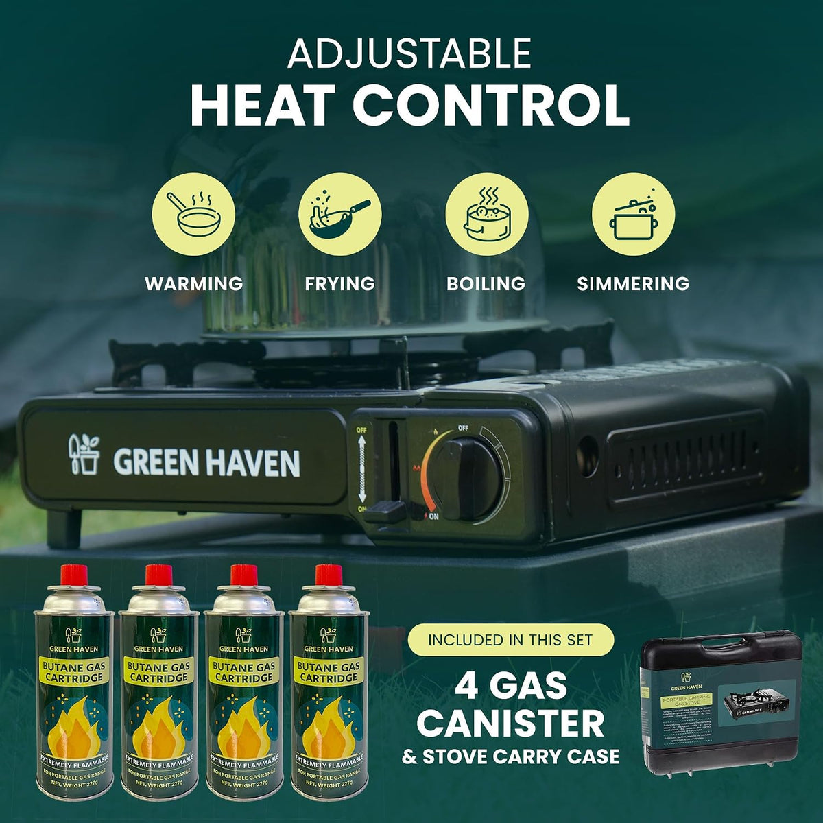 Green Haven Portable Camping Stove | 4 Butane Gas, Carry Case