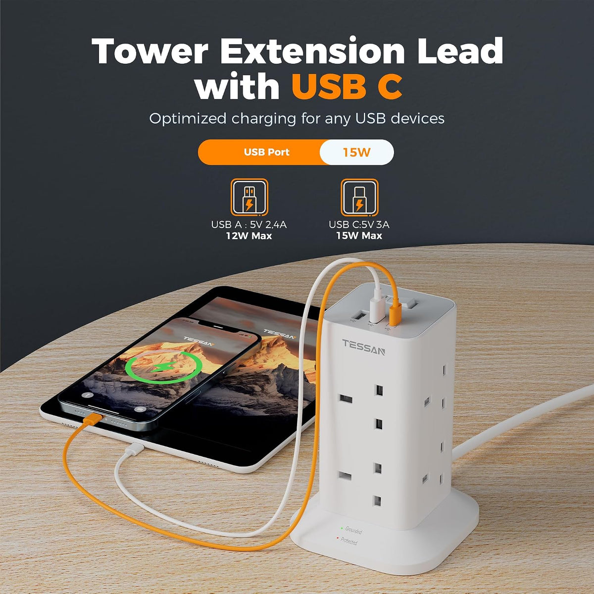 TESSAN Tower Extension Lead with USB C Slots