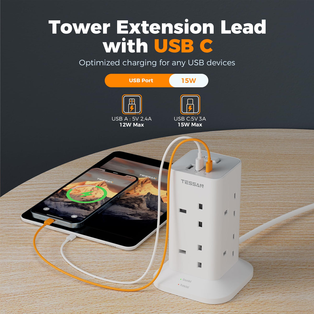TESSAN Tower Extension Lead with USB C Slots