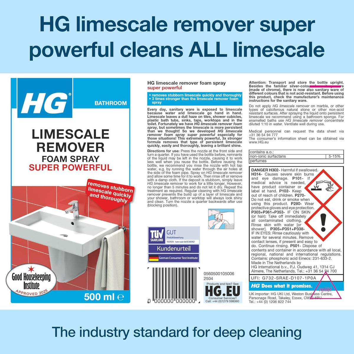 HG Limescale Remover Foam Spray Super Powerful, Bathroom & Kitchen Cleaner – 500ml (Pack of 6)