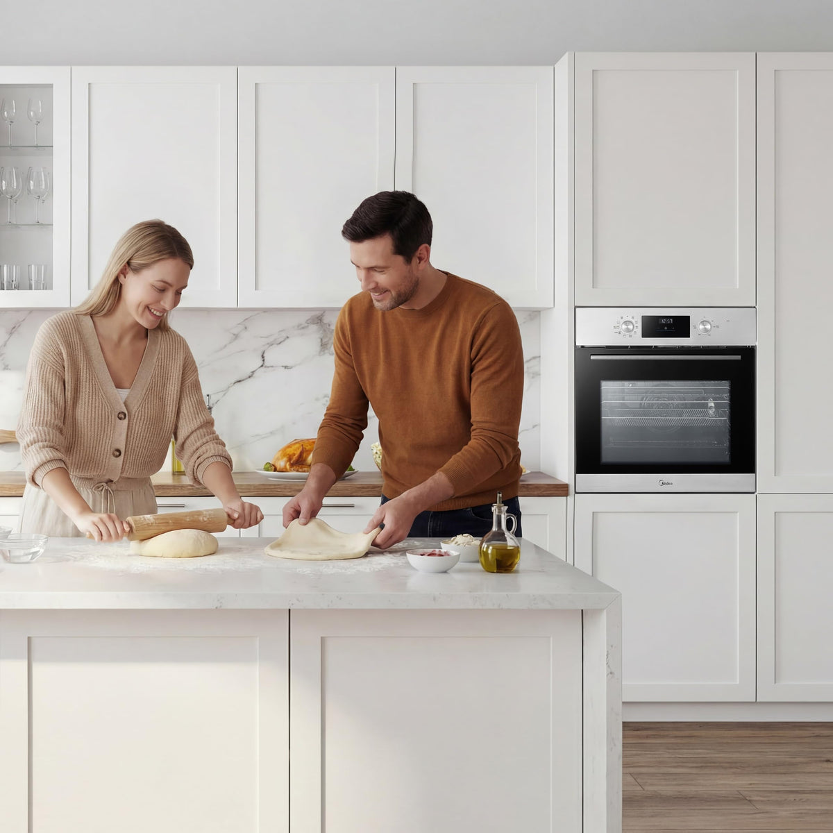 Midea 71L, 60cm Wide, Single Electric Built-in Fan Oven with Air Fry, 12 Oven Functions, Aqua Clean, LED Display, Convection, ECO, MultiLevel Cooking, Color Black - MBO65M90D2-BK