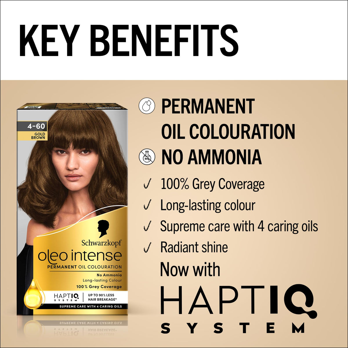 Schwarzkopf Oleo Intense Permanent Hair Colour 4-60 Gold Brown | Ammonia Free Oil Hair Dye | 100% Grey Coverage | Long-Lasting Rich Colour | With HaptIQ System & Caring Oil Mask (Pack of 2)