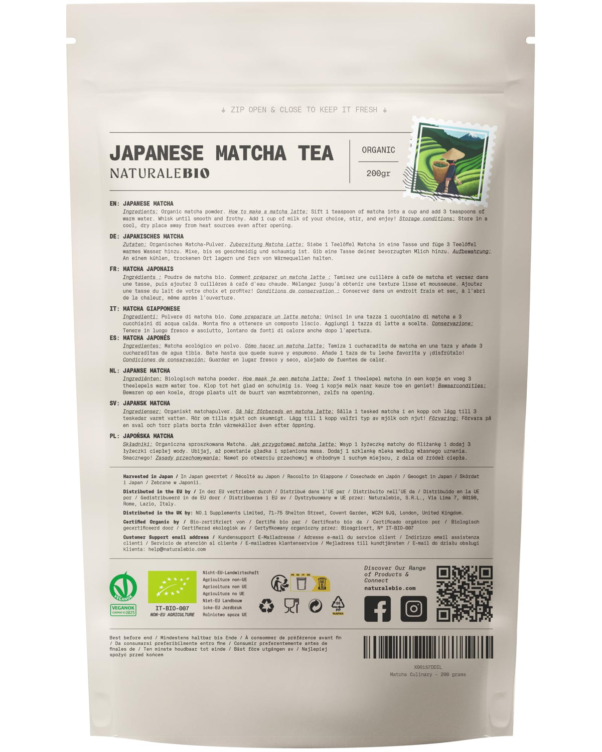 NaturaleBio Organic Premium Grade Japanese Matcha Powder L-Theanine