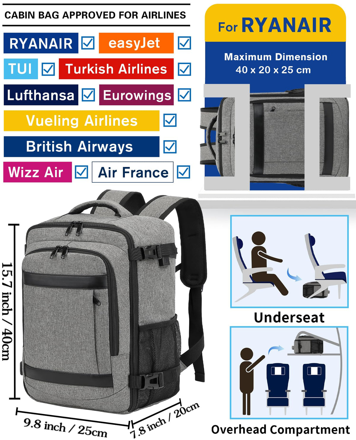 KLOSTAIN Cabin Bags 40x20x25 for Ryanair Underseat Travel Backpack Hand Luggage Carry-ons Bag Cabin Size 20L for Airplanes Flight Ruscksack Black