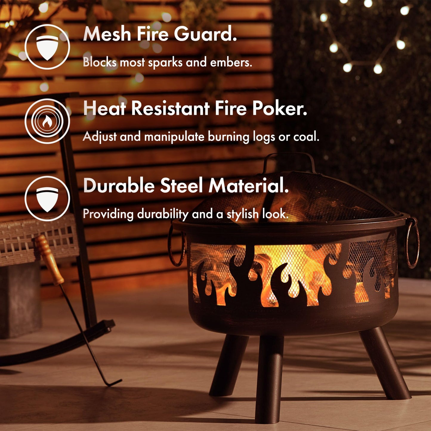 VonHaus Fire Pit – Firepit for Outdoor, Garden, Patio – Portable, Lightweight with Geometric Design, Brown Bronzed Steel, Fire Poker & Mesh Guard Included, Carry Handles – Use Wood or Charcoal to Fuel