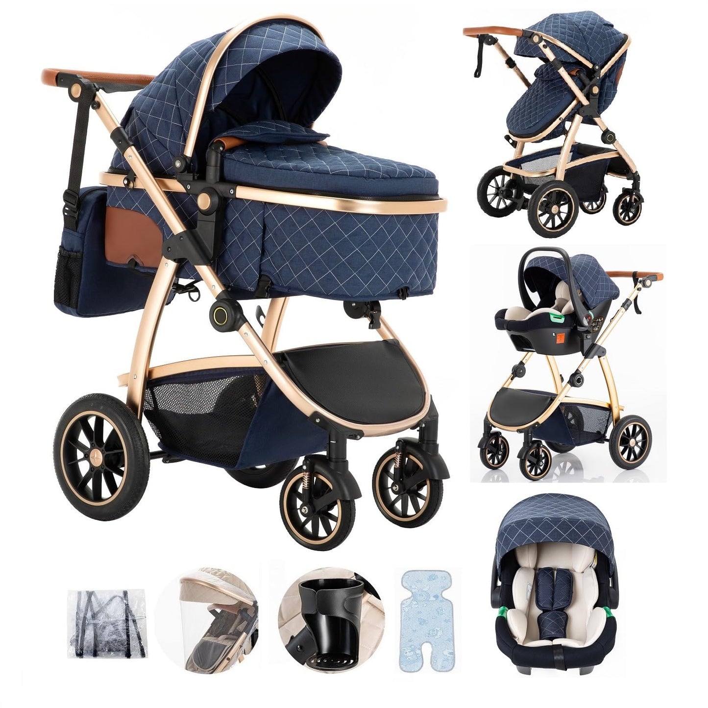 Baby Stroller 3 in 1,Travel Pushchair's Lie-Flat Pram is Foldable, Stroller System Handle is Adjustable, The Wheels are Made of PU Material, Suitable for 0-3 Years-Khaki