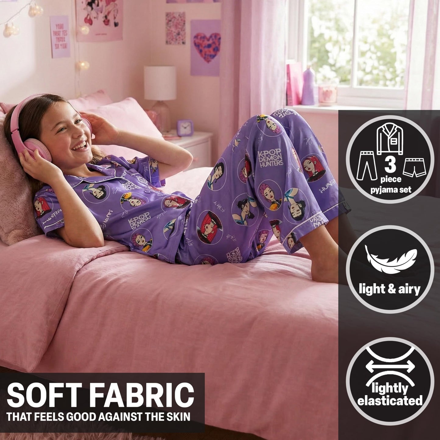 Get Trend KPop Demon Hunters Huntrix Girls Satin Pyjama Set 5-14 Yrs, 3 Pcs Button-Down Shirt, Pj Shorts & Loungewear Bottoms