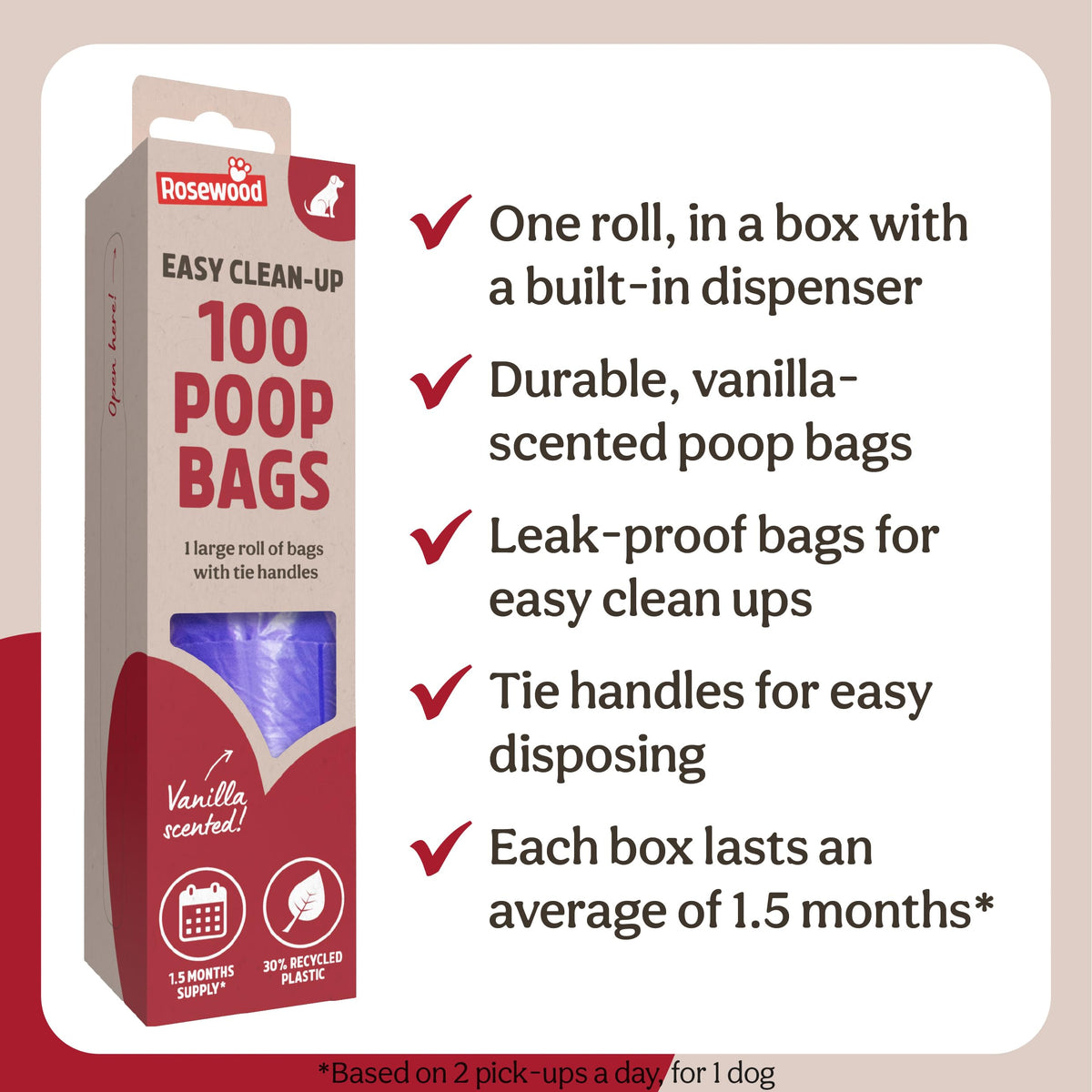Rosewood Dog Poo Bags with Handles - 100 Easy Clean-Up Poop Bags, Loose Packed Dog Waste Bags with Tie Handles, Lightly Scented, Black