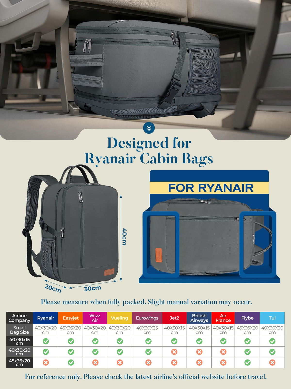 For Ryanair Cabin Bags 40x30x20 Underseat Travel Carry-on School Backpack