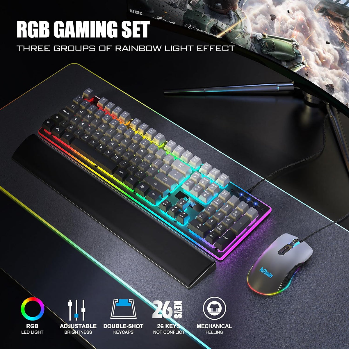 RedThunder K10 Wired Gaming Keyboard and Mouse Combo, UK Layout, True RGB Backlight, Soft Leather Wrist Rest, Ergonomic Anti-Ghosting Keyboard + 7D 7200 DPI Mouse for PC Mac (Gradient Gray)