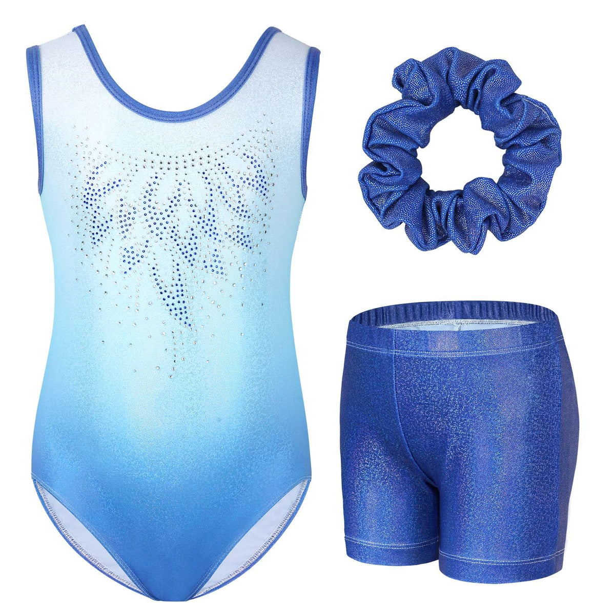 Gogokids Girls' Three-Piece Gymnastics Set, Sleeveless Leotards with Shorts and Hairband, Sparkling Ballet Dancing Unitards - Gymnastics Outfit with Gradient Color Design for 3-12 Years