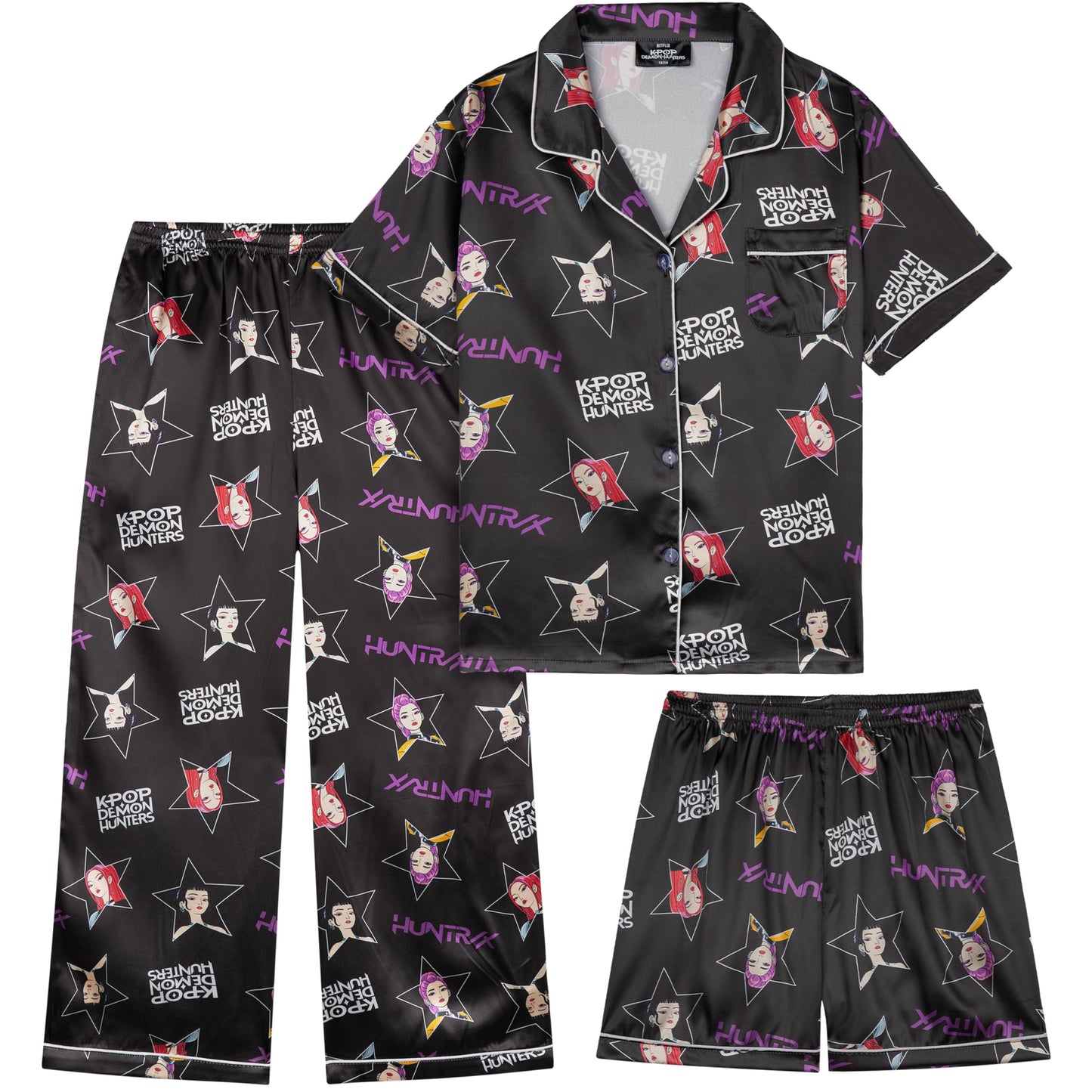 Get Trend KPop Demon Hunters Huntrix Girls Satin Pyjama Set 5-14 Yrs, 3 Pcs Button-Down Shirt, Pj Shorts & Loungewear Bottoms