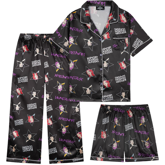 KPop Demon Hunters Official Huntrix 3-Piece Satin Pyjama Set — Button-Down Shirt, Shorts & Bottoms | Girls Ages 5-14