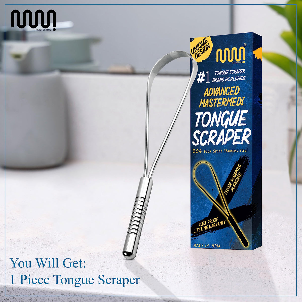 MasterMedi Tongue Scraper with Travel Case 1 Pack, Bad Breath Treatment Tongue Scraper for Adults & Kids, Stainless Steel Metal Tongue Scraper, Easy to Use Tongue Cleaner for Hygiene and Self Care