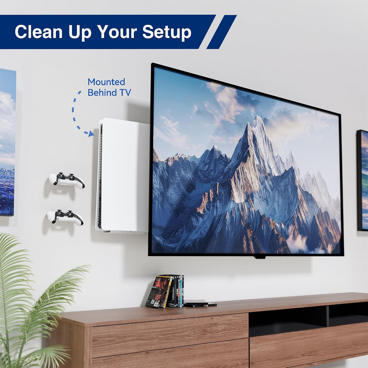 pickpiff PS5 Wall Mount Bracket, Compatible with All PlayStation 5 Models (Disc, Digital, Slim & Pro), Adjustable Console Holder with 2 Controller Holders, White