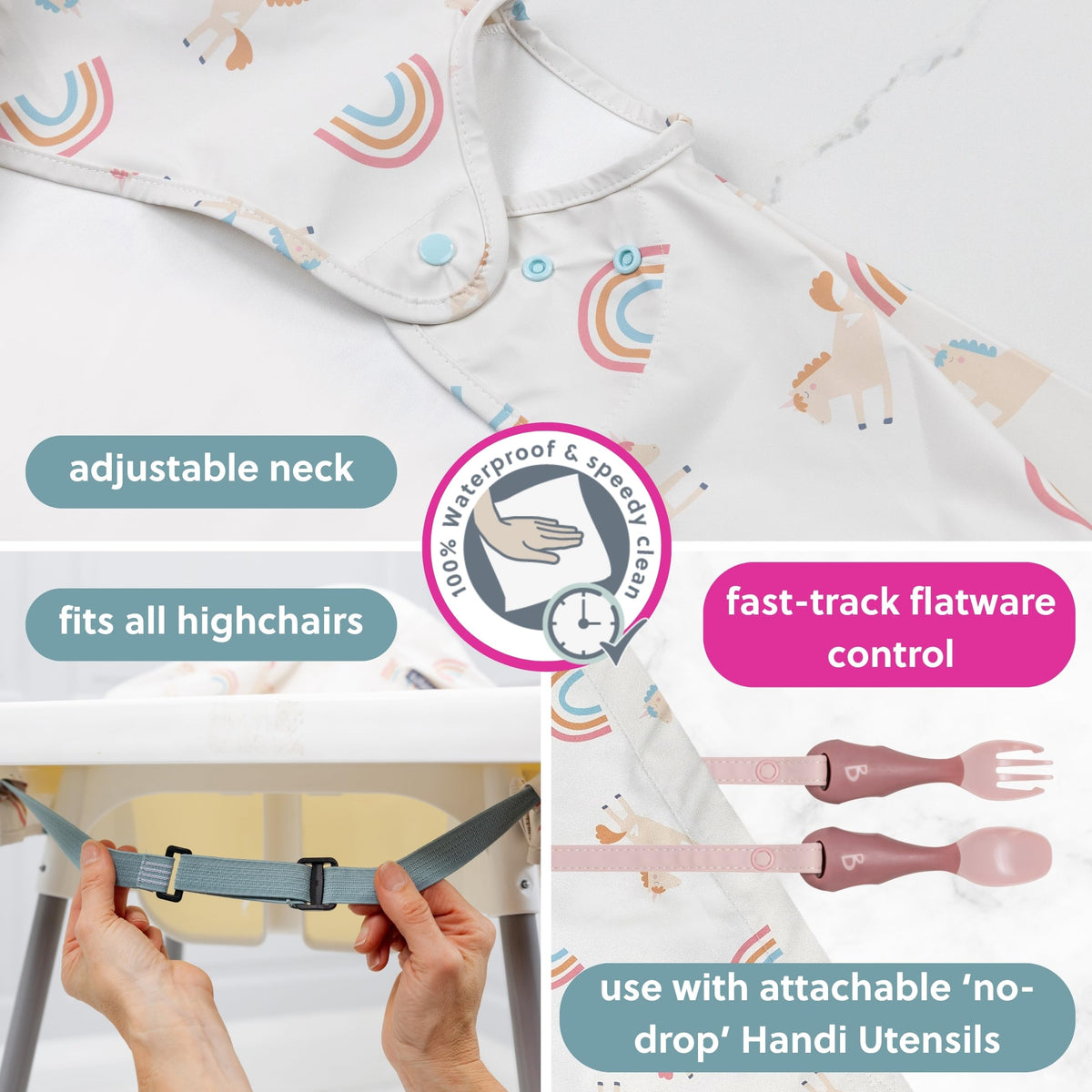 BIBaDO Long Sleeve Baby Bibs - Coverall Weaning Bib with Highchair Strap