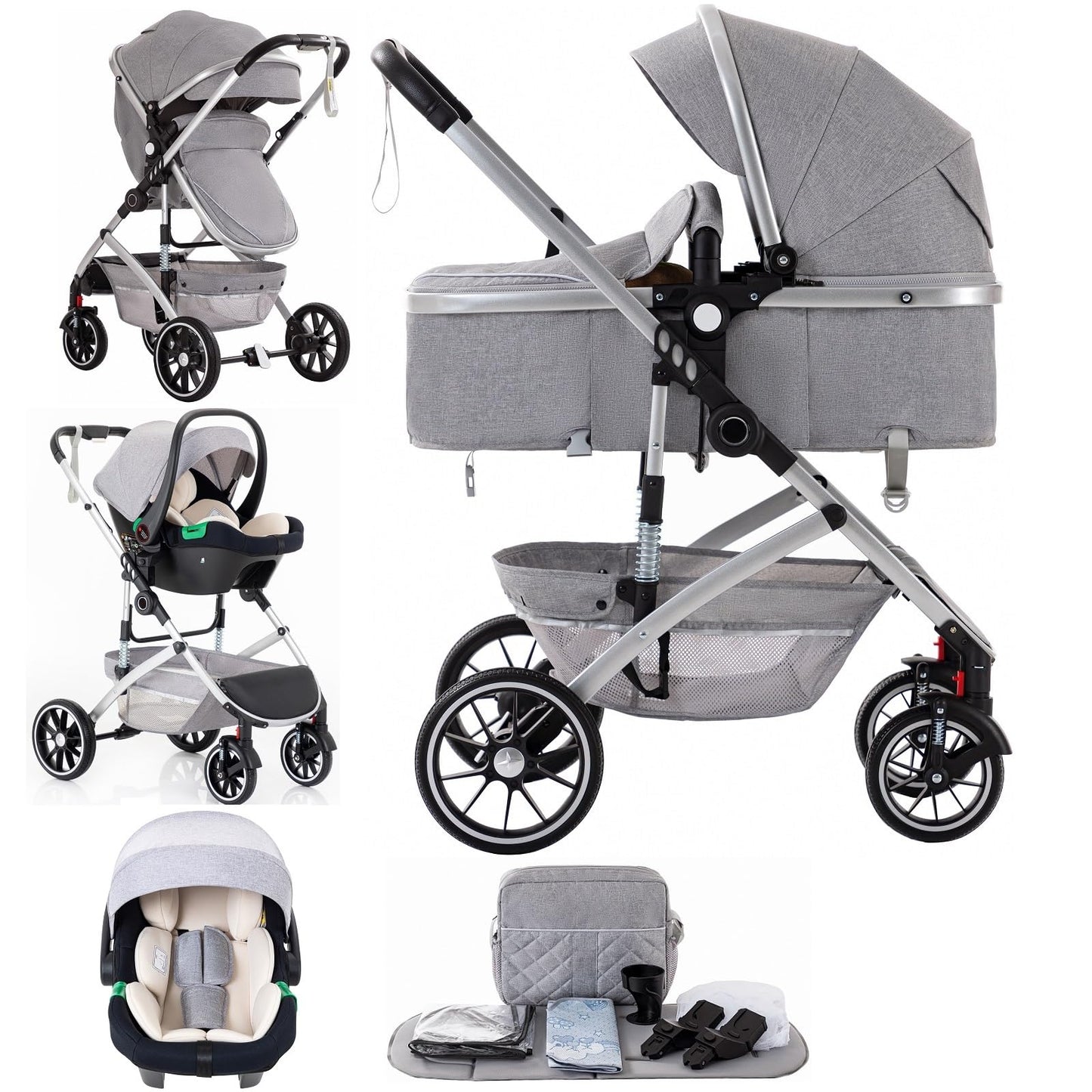 Baby Stroller 3 in 1,Travel Pushchair's Lie-Flat Pram is Foldable, Stroller System Handle is Adjustable, The Wheels are Made of PU Material, Suitable for 0-3 Years-Khaki
