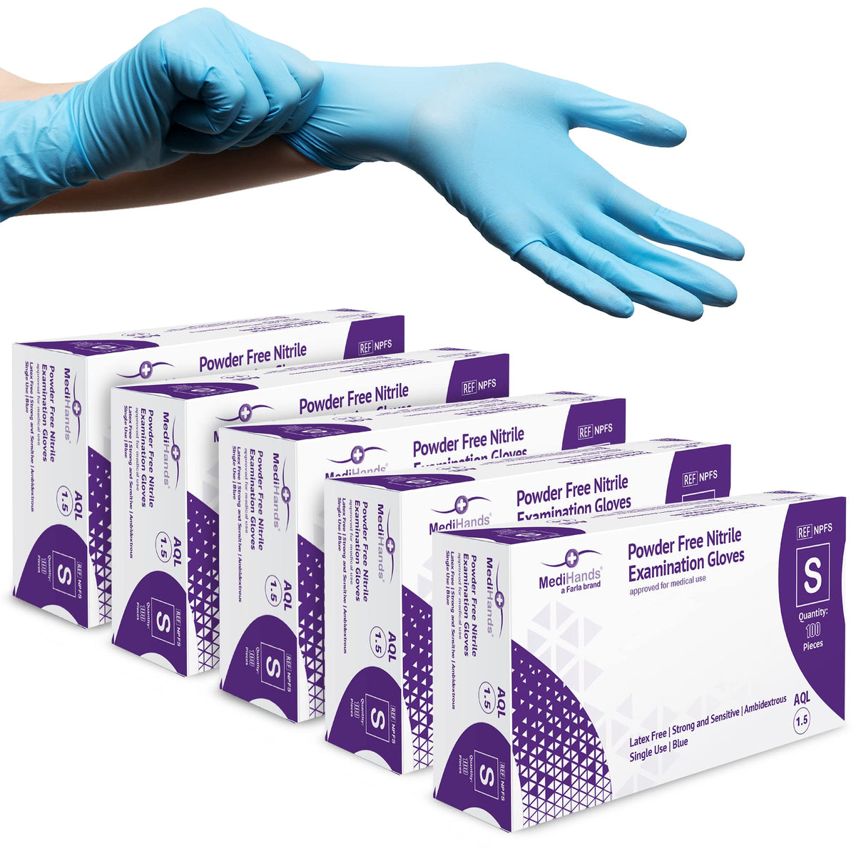 MediHands Nitrile Gloves Medium, Blue Heavy Duty Disposable Glove and Surgical Gloves, Powder Free and Latex Free, Medical, Food, Multi Use, Pack of 100