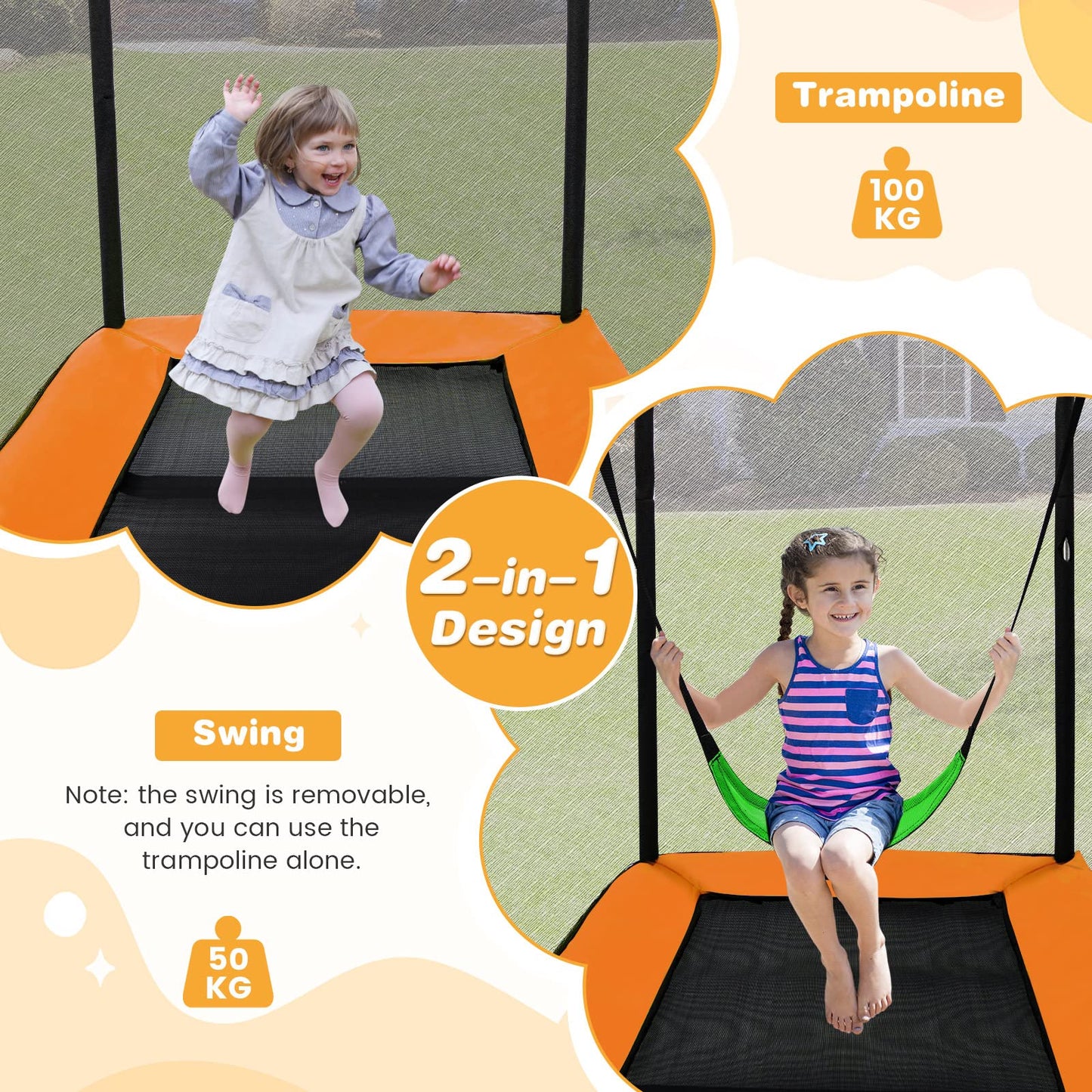 COSTWAY 6FT Kids Trampoline, 2 in 1 Toddler Trampolines with Swing and Enclosure Safety Net, Rectangle Trampoline for Outdoor