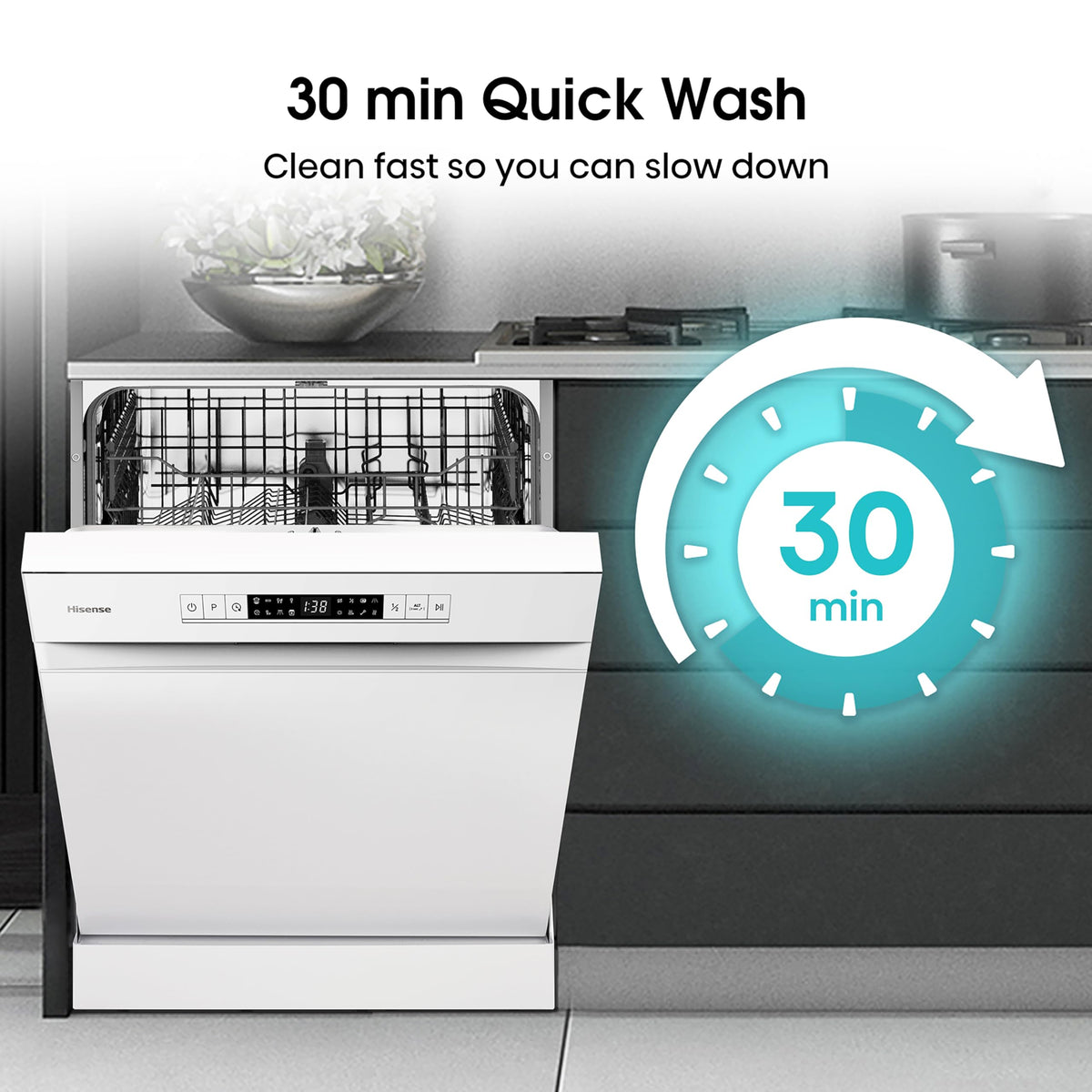 Hisense HS523E15WUK Slimline 10 Places Free Standing Dishwasher White with 30 Minutes Quick Wash [Energy Class E]