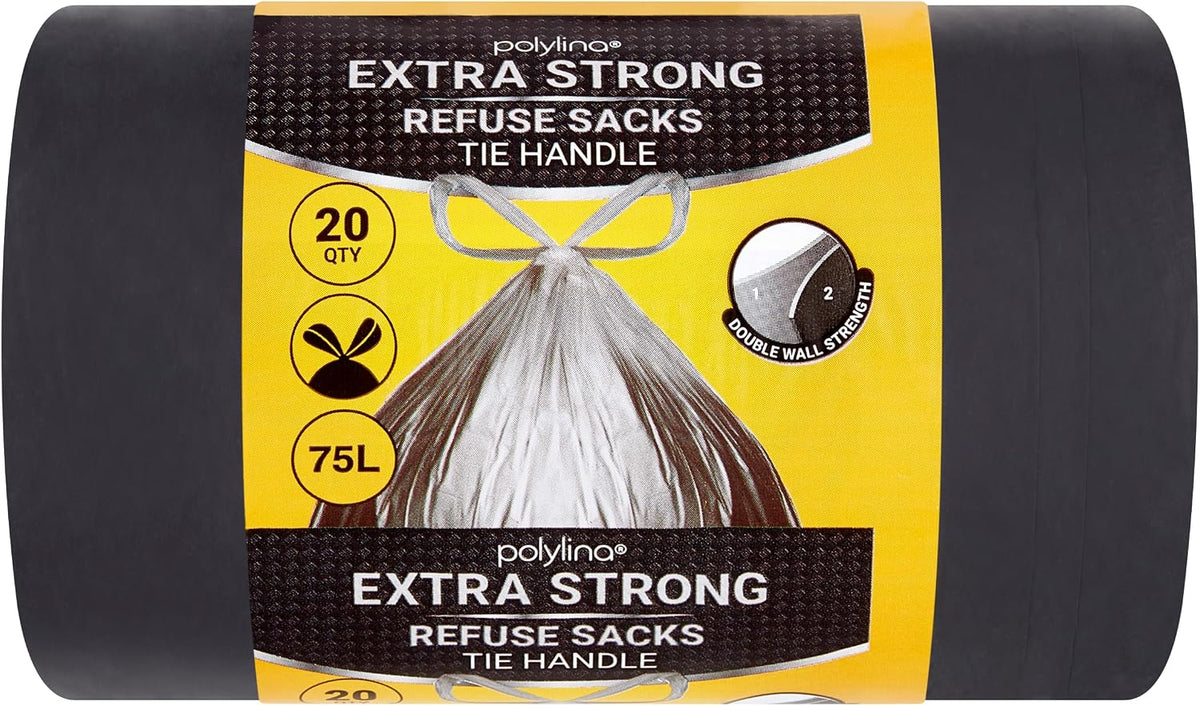 Bin Bags Extra Strong, 75 Litre, 20 Premium Heavy Duty Tie Handle Black Bin Liners Refuse Sacks, Everyday Use, Household, Office & Kitchen Waste