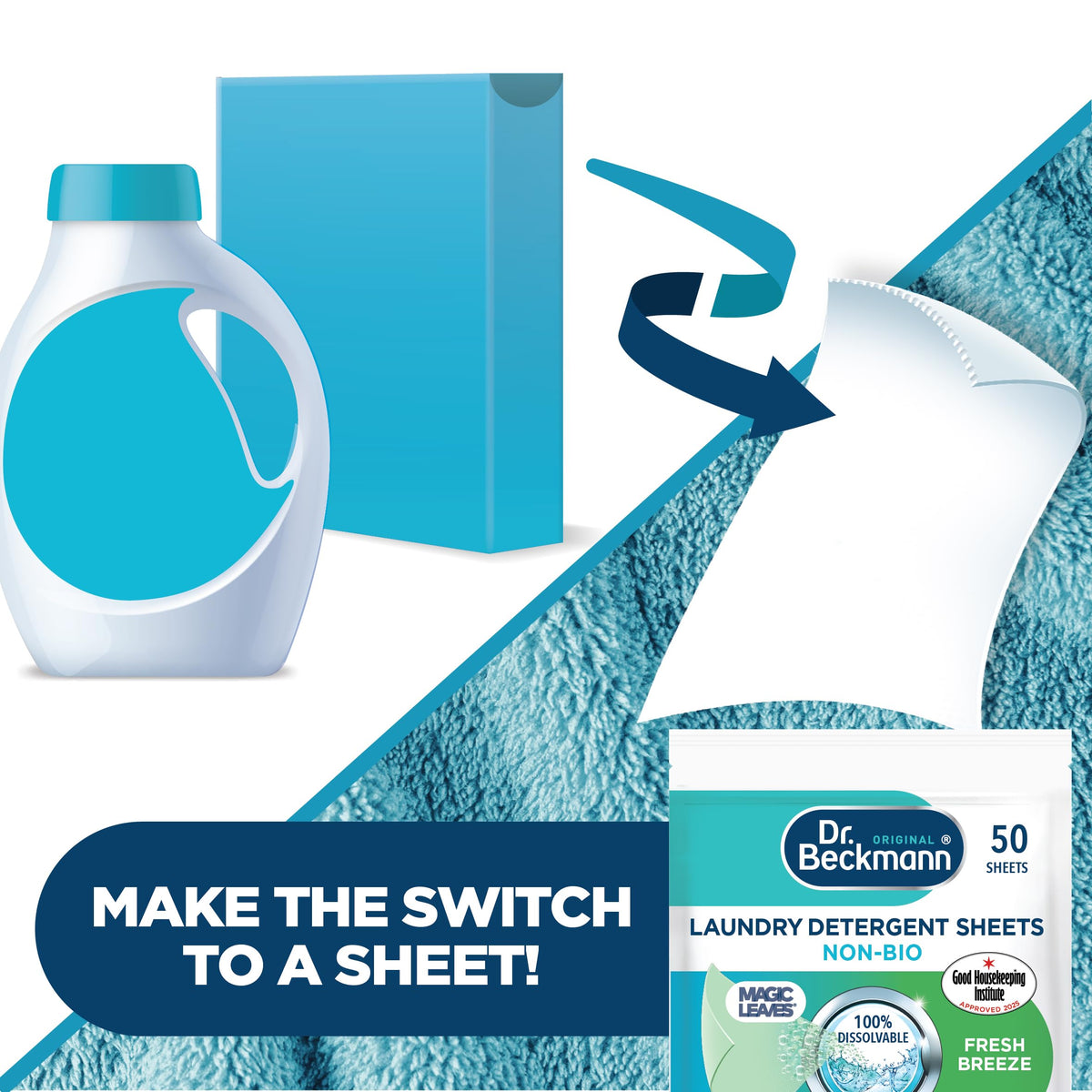 Dr. Beckmann Laundry Detergent Sheets, NON-BIO, Fresh Breeze, 25 Sheets
