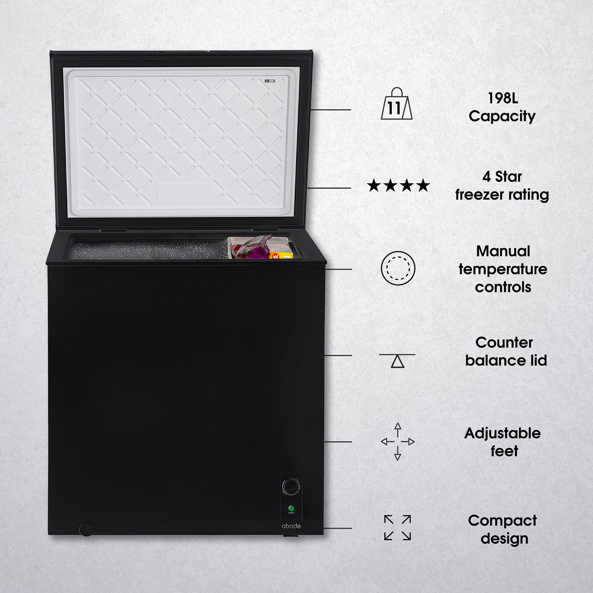 Abode Freestanding White Chest Freezer 99L with Removable Wire Basket & Counter Balance Lid, Adjustable Thermostat, 4 Star Freezer, Suitable for Garages & Outbuildings A99CF0E1W