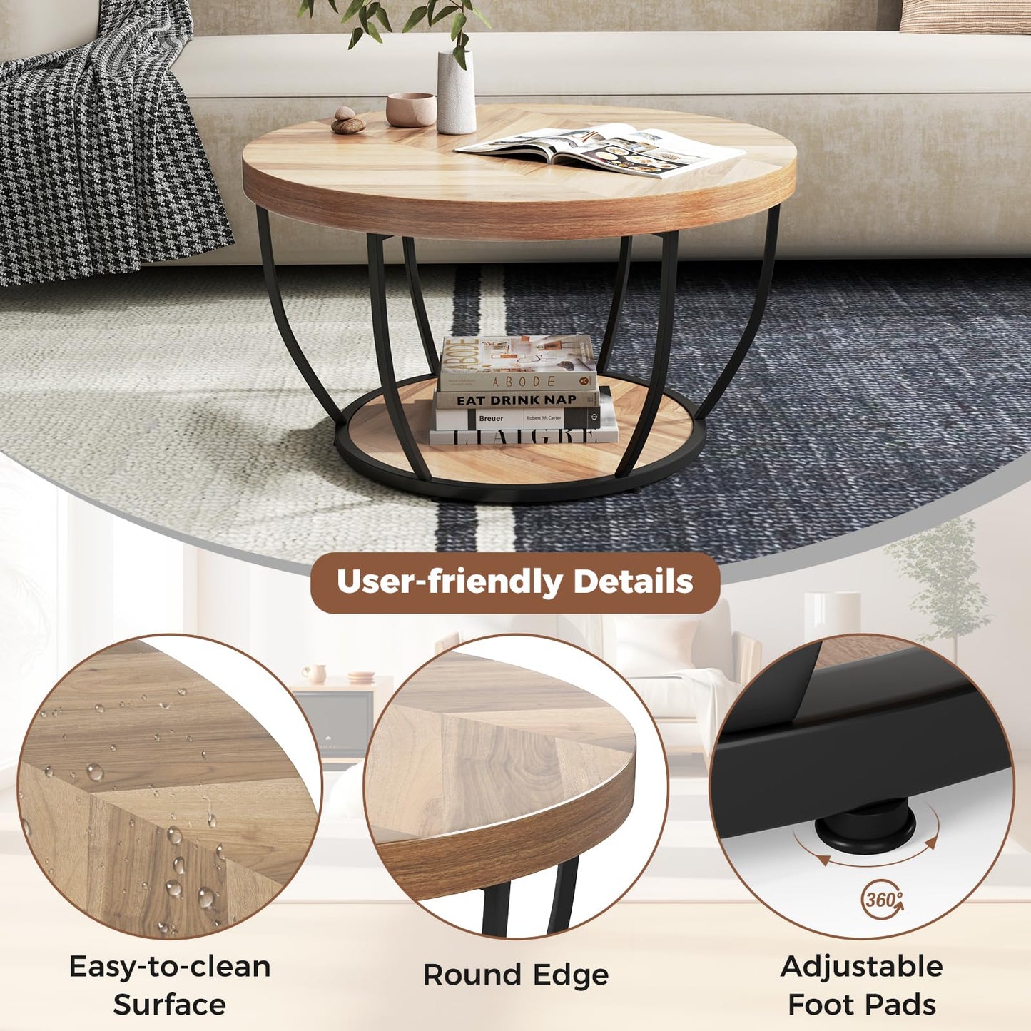 COSTWAY 2-Tier Round Coffee Table with Storage Shelf, Metal Frame Industrial Accent Cocktail Center Unit Sofa Side Tea Table for Living Room, Bedroom and Office, 80x80x45cm (Rustic Brown+Black)