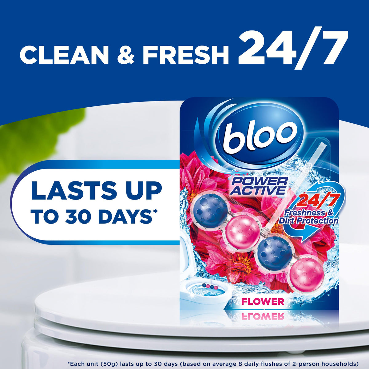 Bloo Power Active Toilet Rim Block & Freshener, Fresh Flowers, Pack of 1