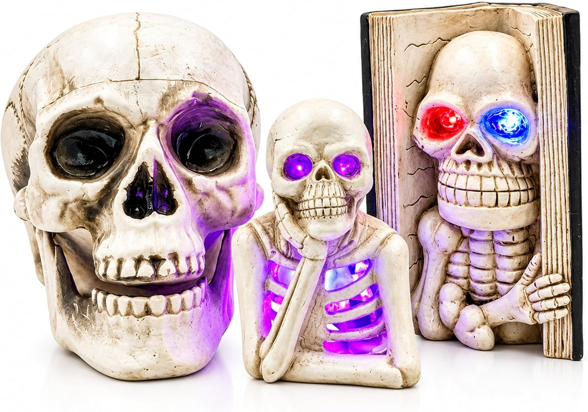Skull Halloween Decorations Set – 3-Piece Skeleton Halloween Ornaments Collection - Large Skull, Thinking Skeleton & Skeleton Bookend for Halloween Table Decorations, Shelf, Desk & Displays