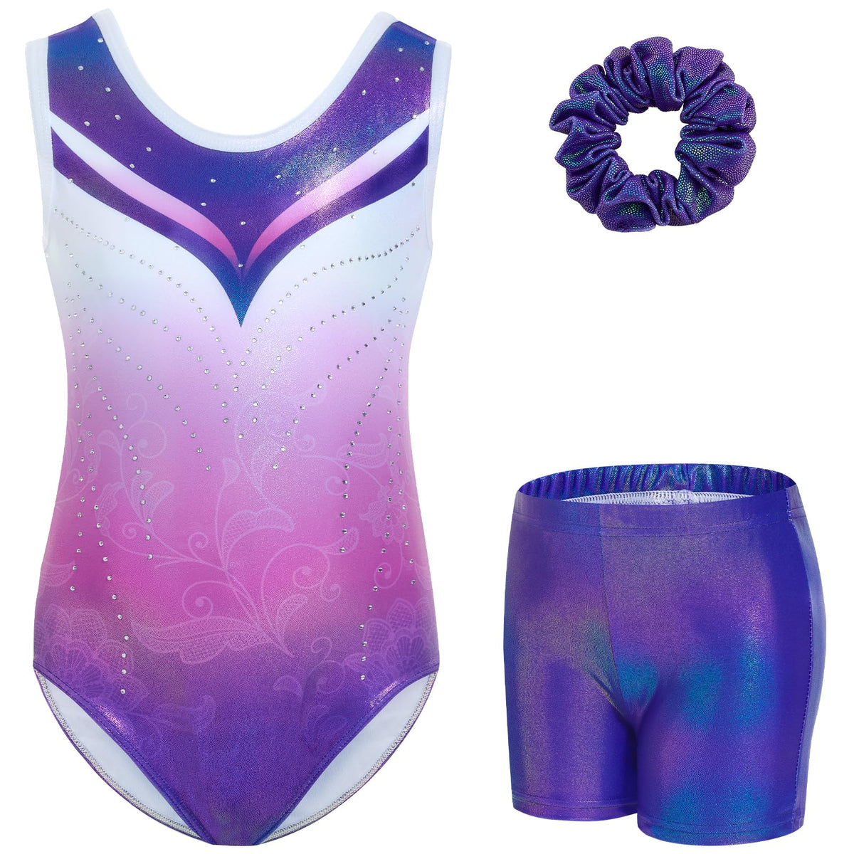 Gogokids Girls' Three-Piece Gymnastics Set, Sleeveless Leotards with Shorts and Hairband, Sparkling Ballet Dancing Unitards - Gymnastics Outfit with Gradient Color Design for 3-12 Years