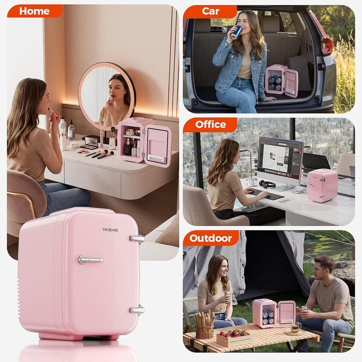 YASHE Mini Fridge, 4 Liter/6 Cans Portable Cooler and Warmer, AC/DC Power Small Fridge, Quiet Desk Skincare Fridge for Beauty Drinks Medicine, Mini Fridge for Bedrooms Office Dorm Car Travel, Pink