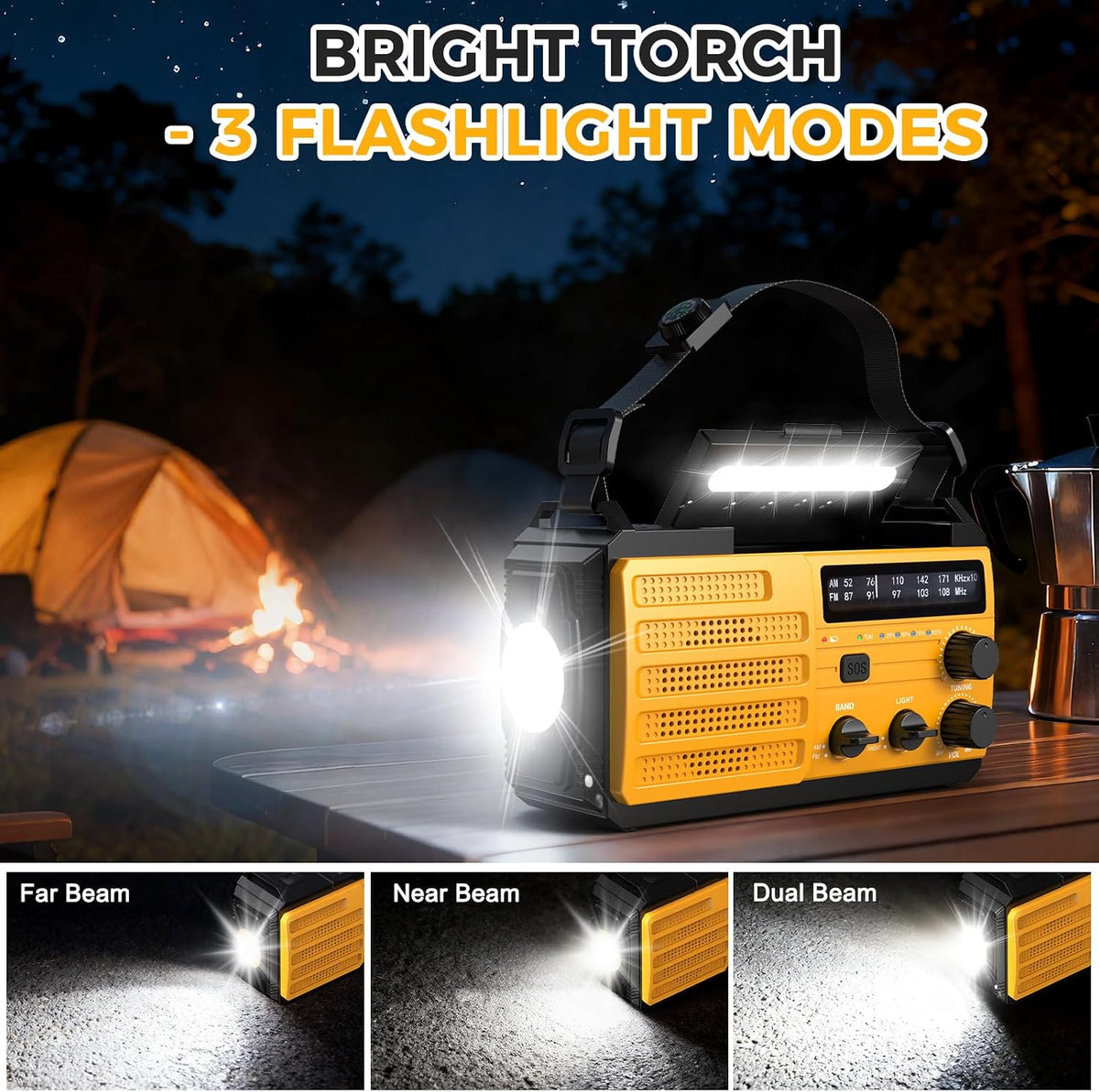 8000mAh Emergency Wind Up Radio, Hand Crank Solar, AM/FM Radio with 3-Mode Flashlight, 2-Mode Reading Lamp, SOS Alarm with USB Phone Charger for Emergency Outdoor