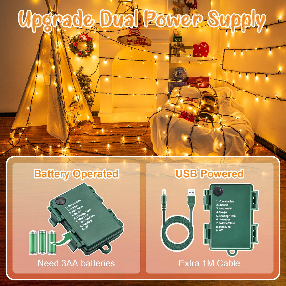 cshare Halloween Decorations Fairy Lights, 20Ft 60LED Orange-Purple USB/Battery String Lights with Timer Waterproof for Outdoor Indoor Autumn Fall Halloween Decorations-Green Wire