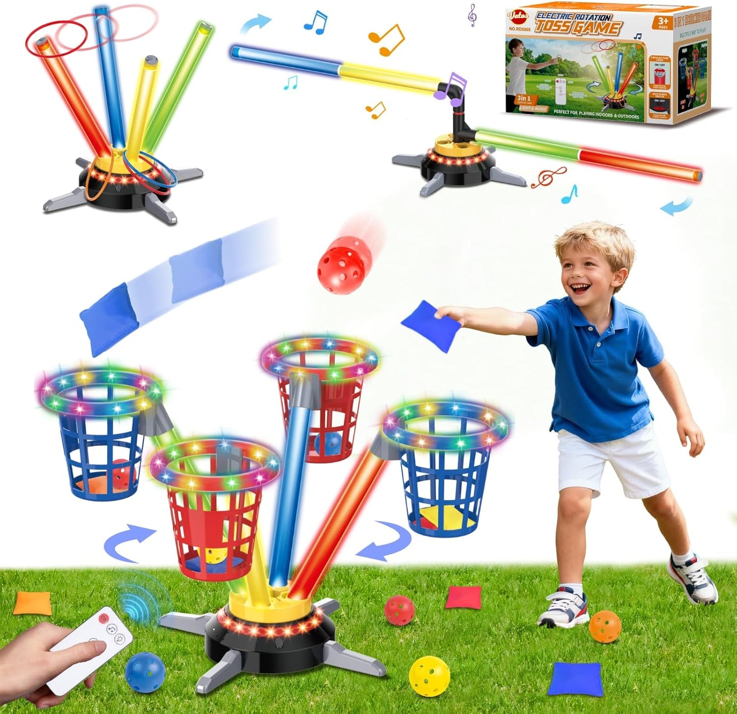 VATOS 3 in 1 Bean Bag & Ring Toss Game, Musical Jumping for Kids, Electric Spinning Base with Remote, Lights, 12 Sandbags, 12 Tossing Rings, 12 Balls, Indoor Outdoor Backyard Sport Toy for Boy Girl 3+